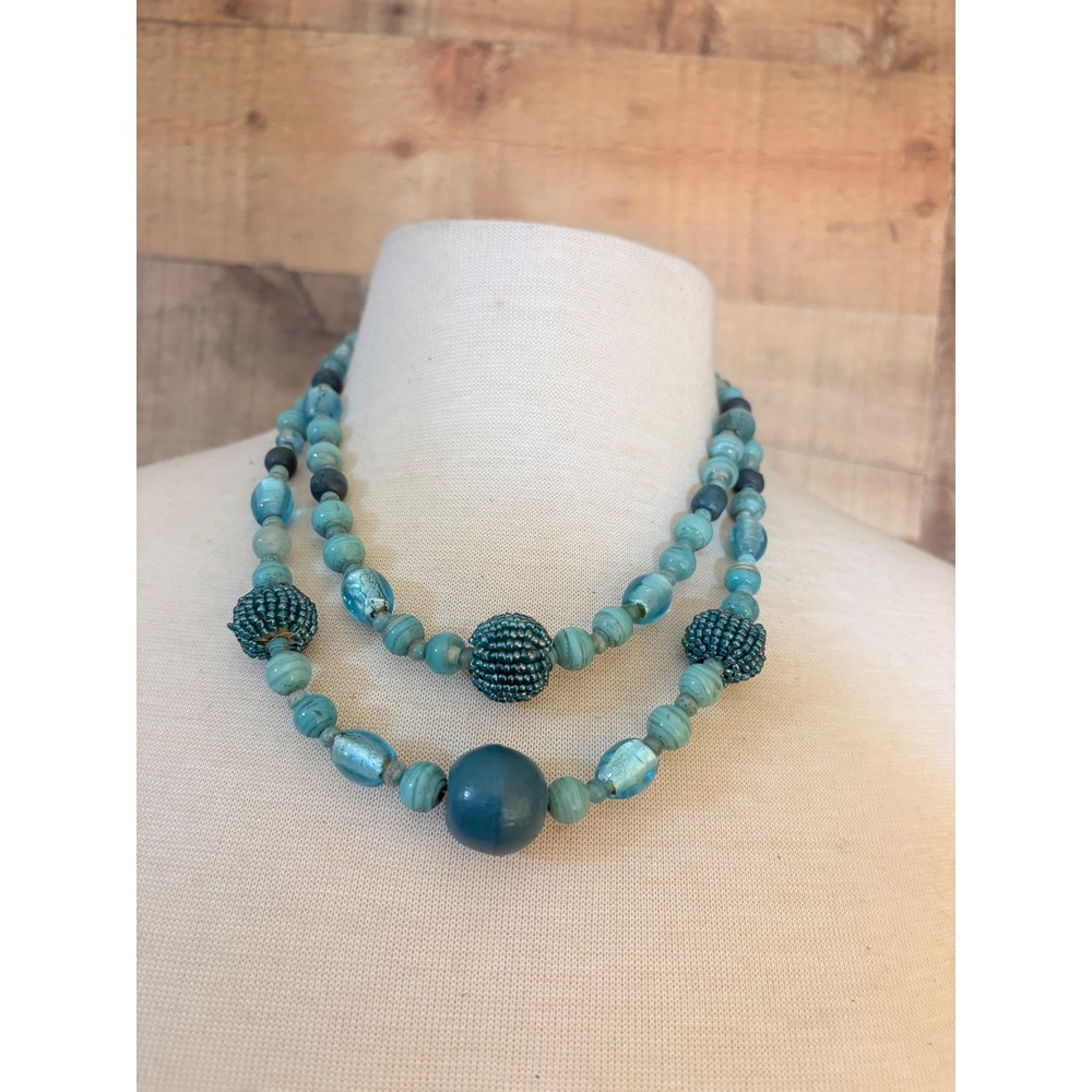 Blue Teal Double Strand Beaded Necklace Bohemian Layered Glass Seed Bead 21in